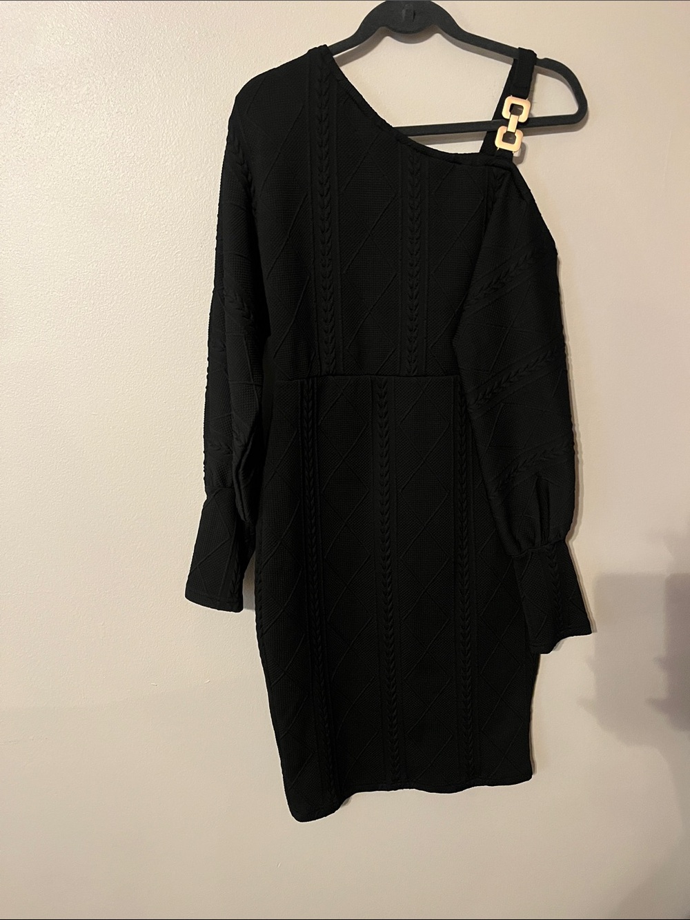 Amazon One-Shoulder Black Knit Dress with Gold Buckle